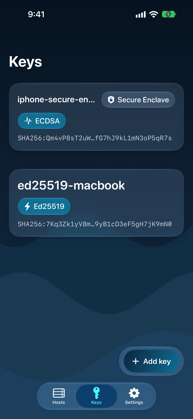 SSHWave keys list with an Ed25519 key and a Secure Enclave key